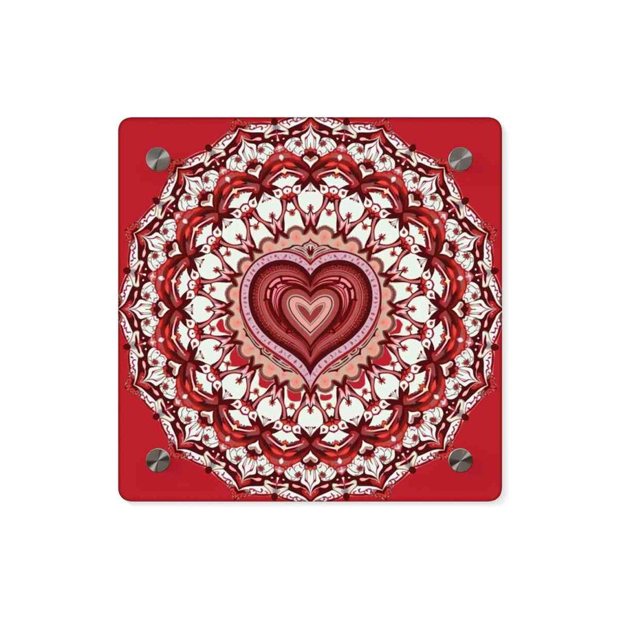 Red Heart Mandala Acrylic Wall Art Panels - Vibrant Home Decor - Iron Phoenix GHG