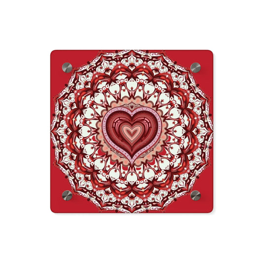 Red Heart Mandala Acrylic Wall Art Panels, Colorful Home Decor, Valentine's Gift, Boho Wall Art, Unique Art Piece, Celebration Decoration