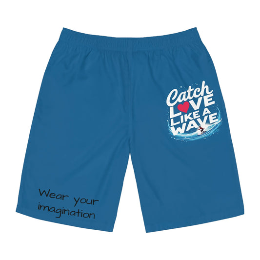 Catch Love Like a Wave Men's Board Shorts, Summer Beachwear, Swim Trunks, Vacation Essentials, Men's Swim Shorts, Nautical Gift