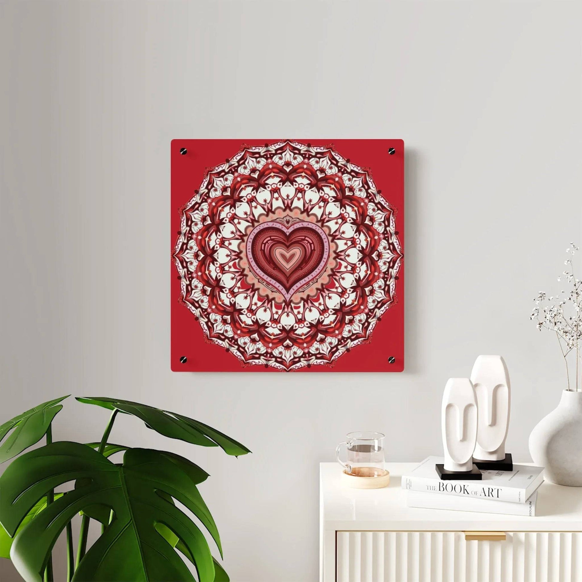 Red Heart Mandala Acrylic Wall Art Panels - Vibrant Home Decor - Iron Phoenix GHG
