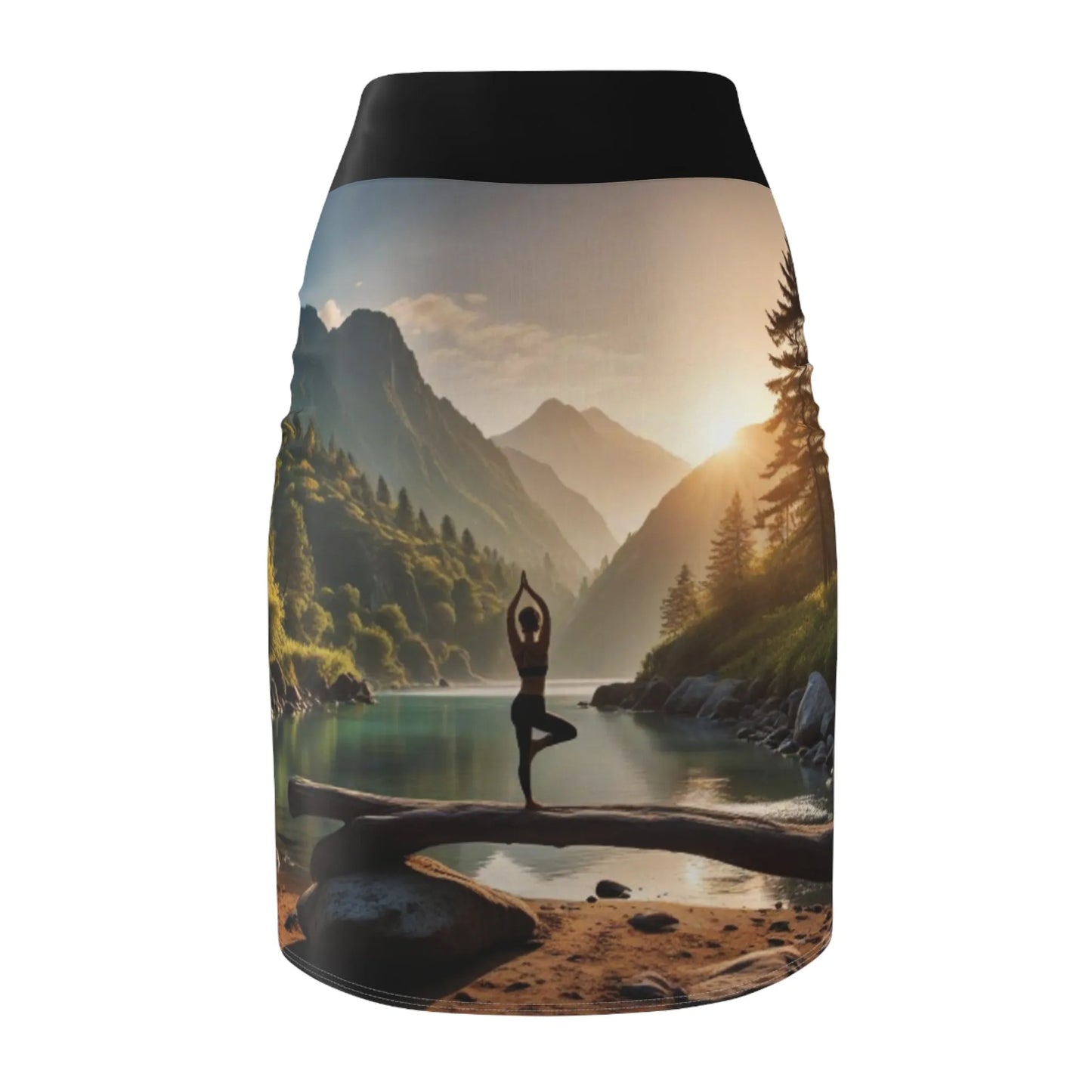 Yoga Lake Scene Pose Women's Pencil Skirt, Workout Skirt, Fitness Skirt, Active Wear, Stretchy Skirt