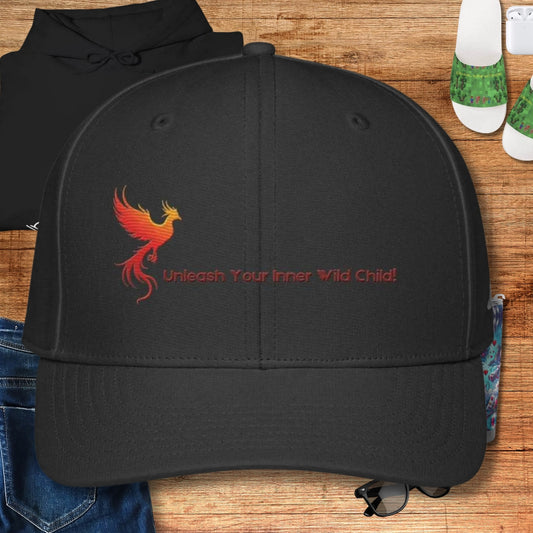 Iron Phoenix Hat with red phoenix logo and 'Unleash Your Inner Wild Child!' slogan, ideal for sun protection, sports, and gaming wear.