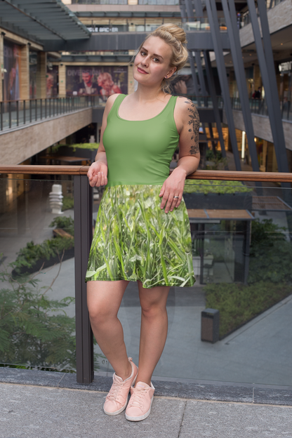 Green Grass Skater Dress - Stylish Nature-Inspired Fashion for Every Occasion