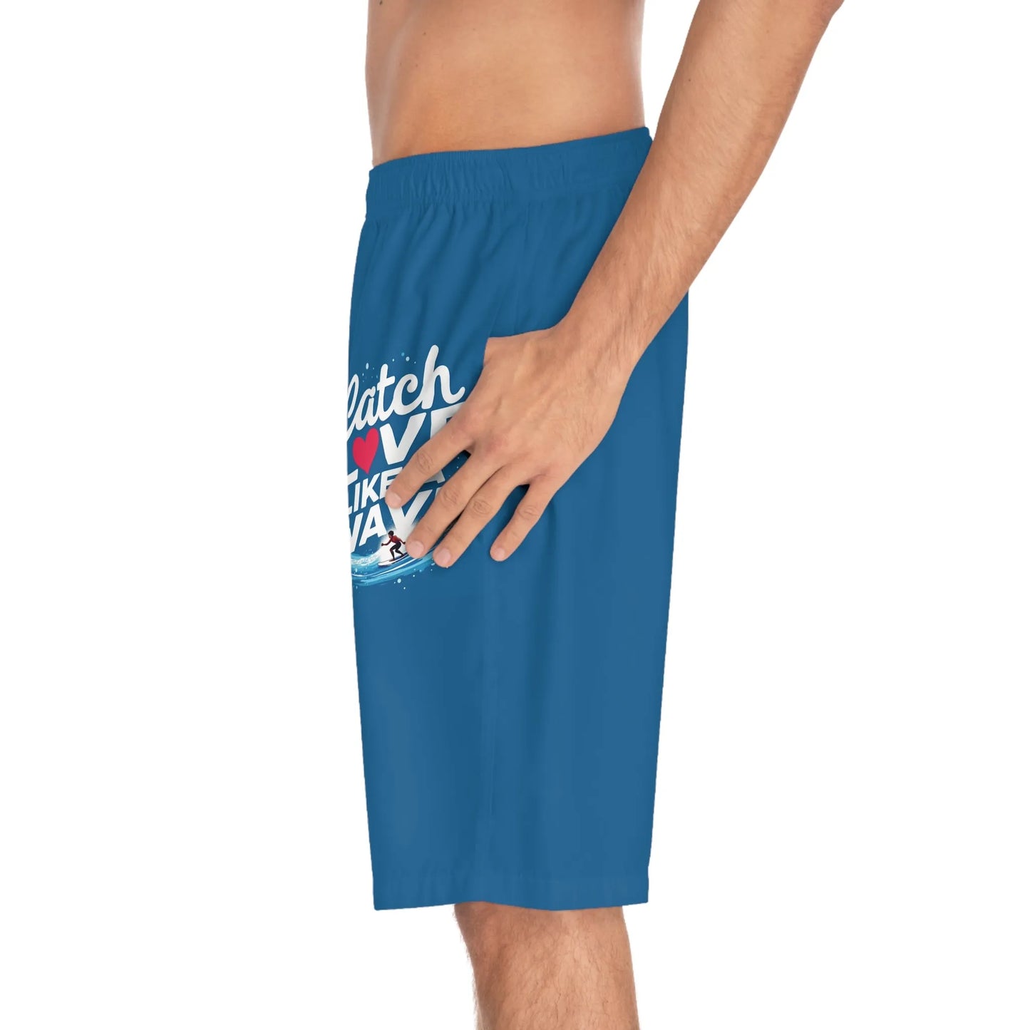 Catch Love Like a Wave Men's Board Shorts, Summer Beachwear, Swim Trunks, Vacation Essentials, Men's Swim Shorts, Nautical Gift
