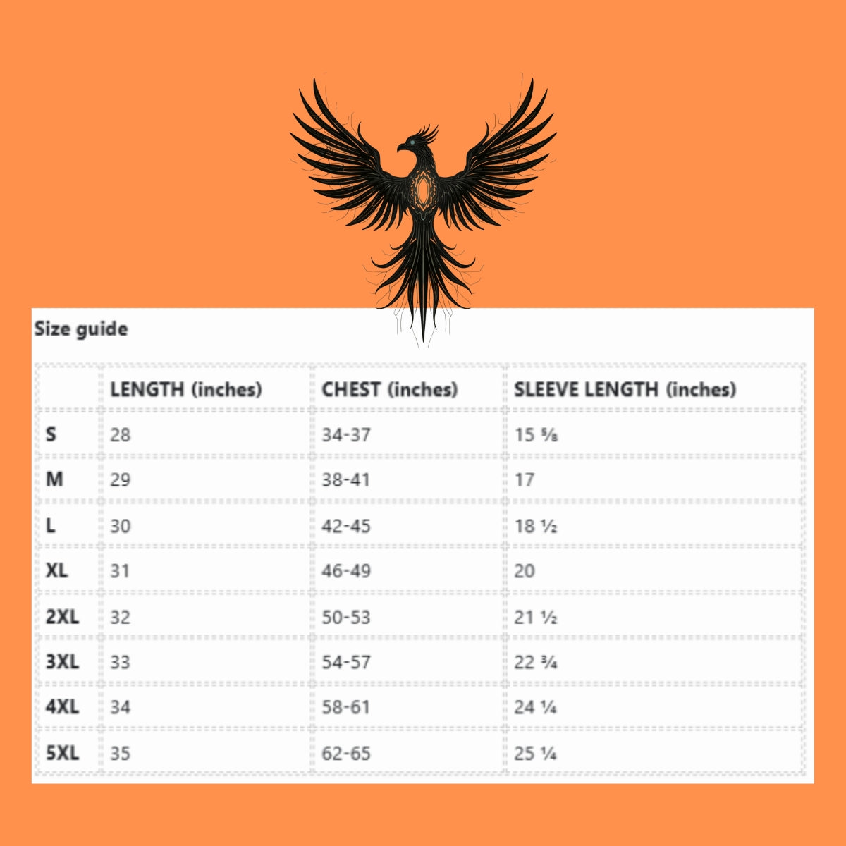 comfy Phoenix T-shirt size chart