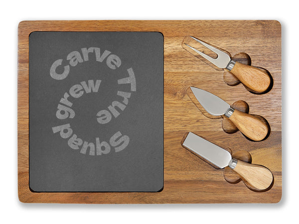Engraved Acacia Charcuterie Board with Slate Round & Cheese Tools