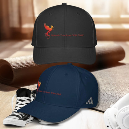 Iron Phoenix Hat in black with embroidered phoenix logo and 'Unleash Your Inner Wild Child' slogan, ideal for sun protection and gaming style.