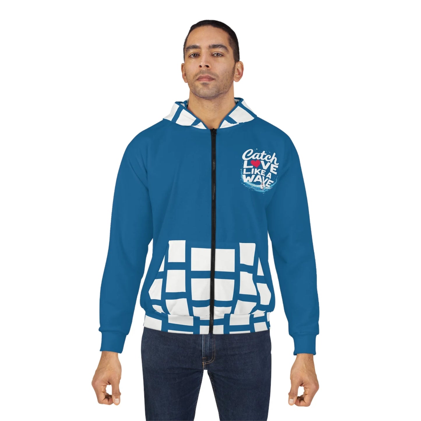 Surfing Blue and White Valentine Love Unisex Zip Hoodie, Beach Lover Gift, Romantic Sweatshirt, Ocean Inspired Jacket, Coastal Apparel