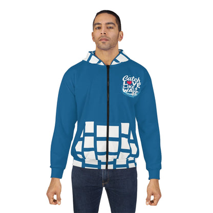 Surfing Blue and White Valentine Love Unisex Zip Hoodie, Beach Lover Gift, Romantic Sweatshirt, Ocean Inspired Jacket, Coastal Apparel