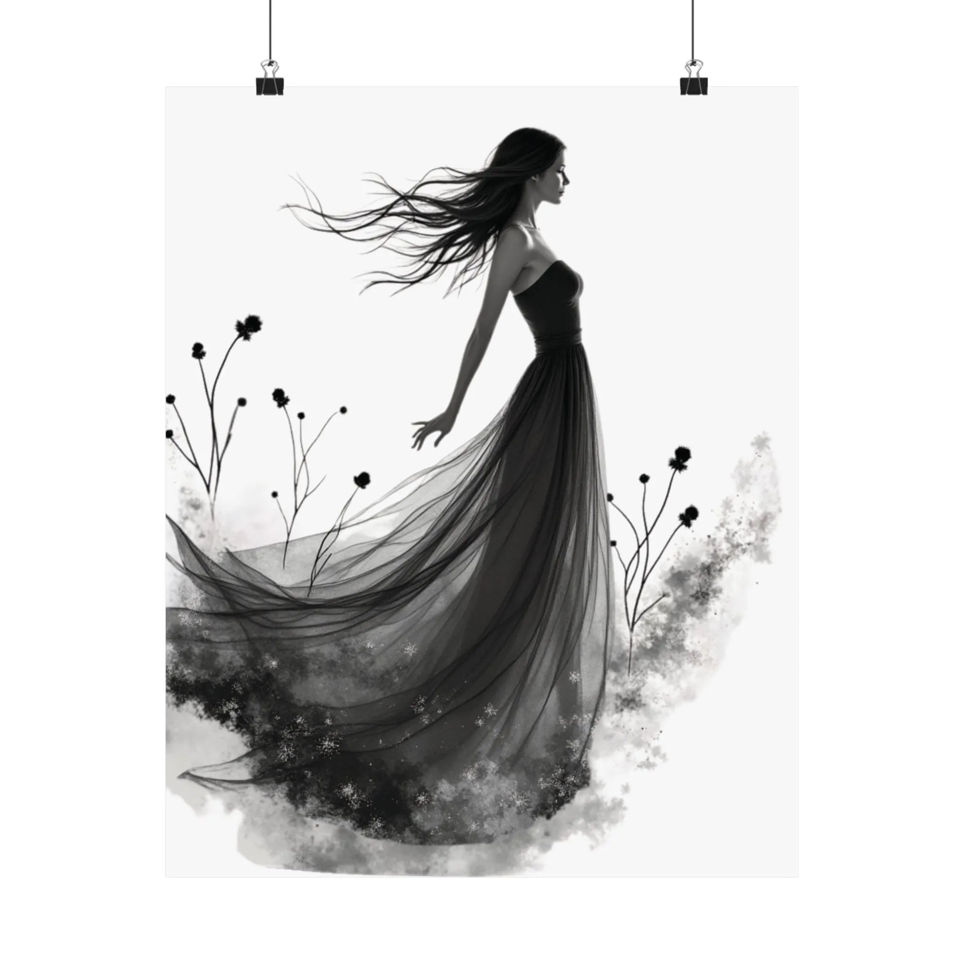 "Whispers of the Wind" - Elegant Black & White Satin Art Print - Wall Art - Iron Phoenix GHG