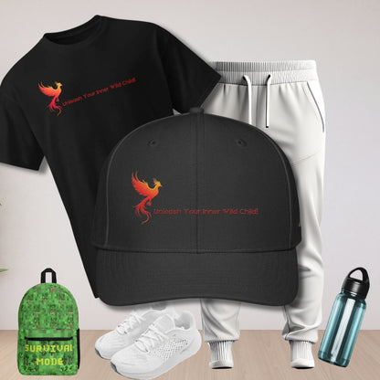 Iron Phoenix Hat - Sun Protection, Sports | Gaming in black with red phoenix logo and 'Unleash Your Inner Wild Child' text, paired with sporty apparel.