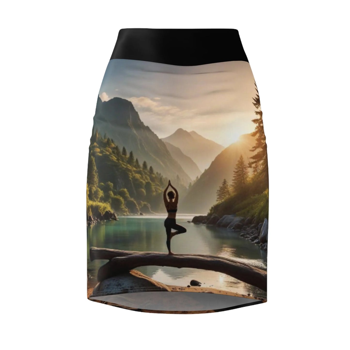 Yoga Lake Scene Pose Women's Pencil Skirt, Workout Skirt, Fitness Skirt, Active Wear, Stretchy Skirt