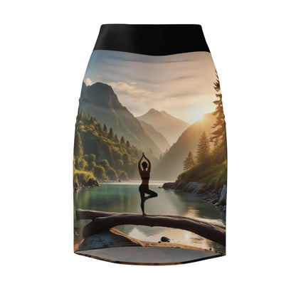 Yoga Lake Scene Pose Women's Pencil Skirt, Workout Skirt, Fitness Skirt, Active Wear, Stretchy Skirt
