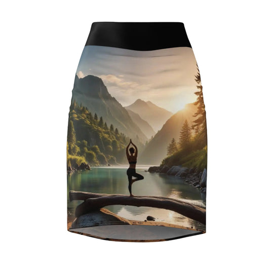 Yoga Lake Scene Pose Women's Pencil Skirt, Workout Skirt, Fitness Skirt, Active Wear, Stretchy Skirt