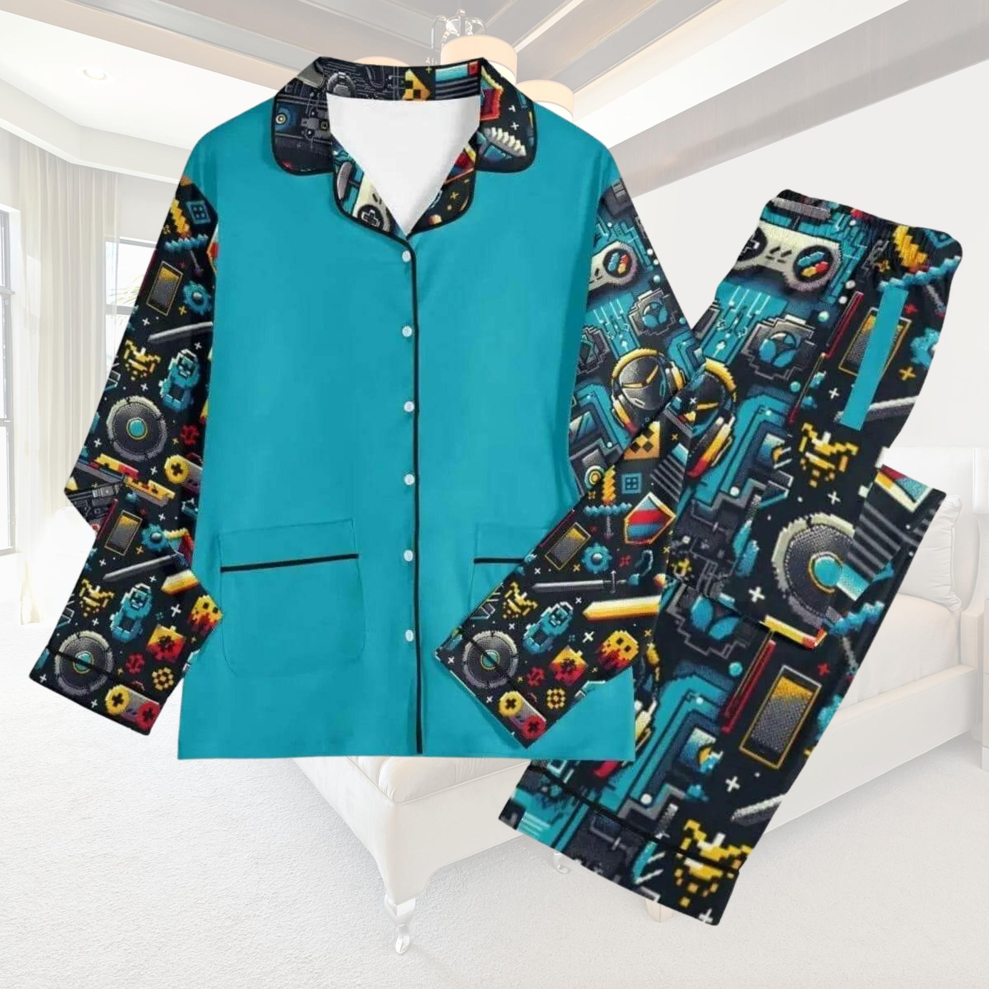Custom Teal Gamer Pajamas | Personalized Loungewear - Iron Phoenix GHG