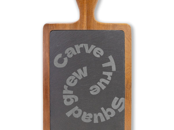 Engraved Acacia Charcuterie Board with Slate Round & Cheese Tools