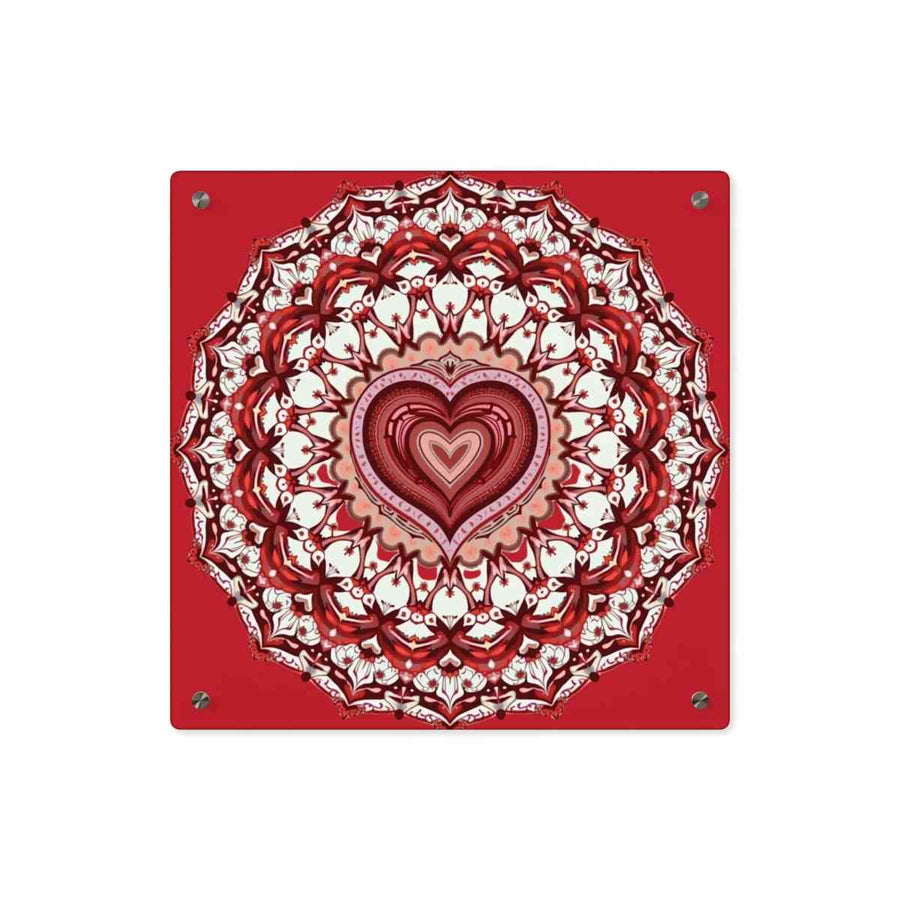 Red Heart Mandala Acrylic Wall Art Panels - Vibrant Home Decor - Iron Phoenix GHG