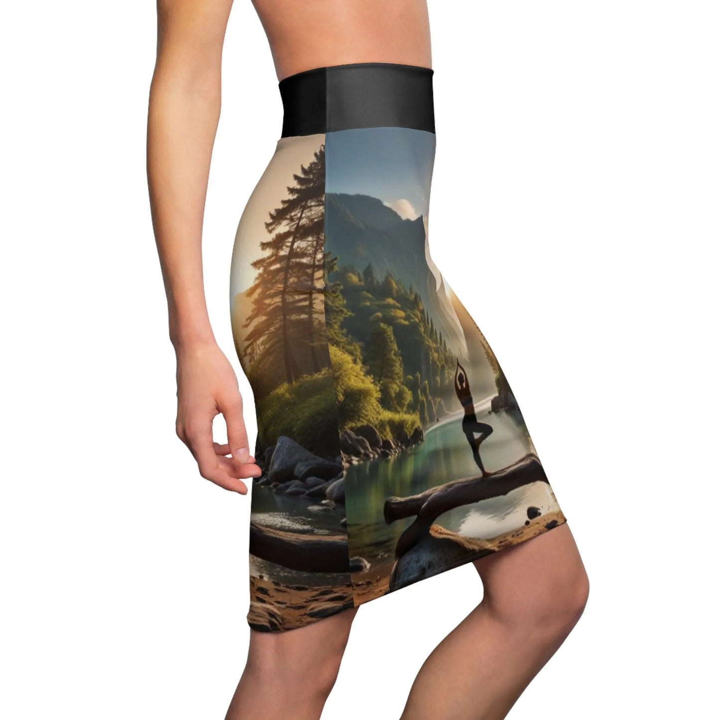 Yoga Lake Scene Pose Women's Pencil Skirt, Workout Skirt, Fitness Skirt, Active Wear, Stretchy Skirt