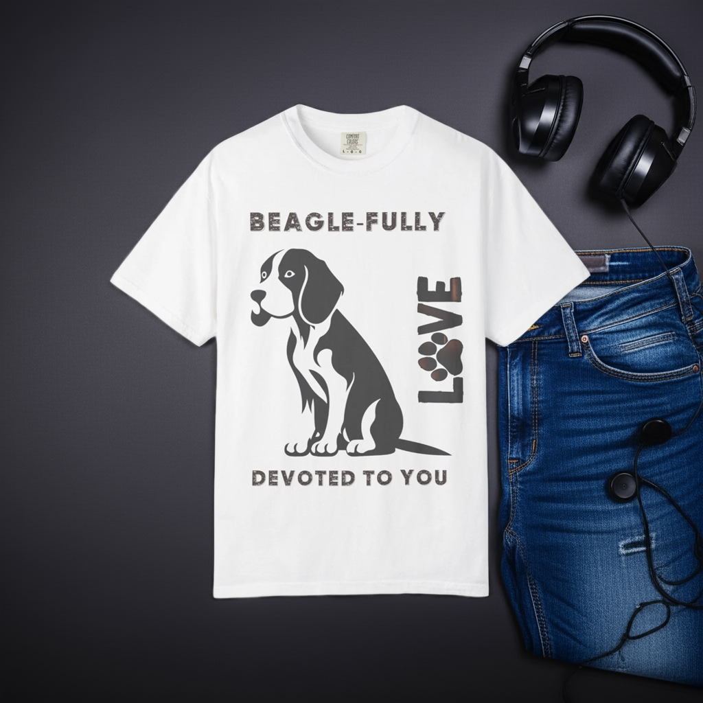 Close-up of the beagle design on the t-shirt