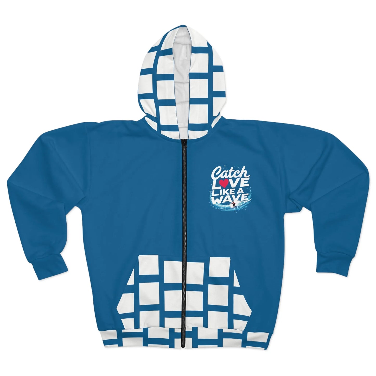 Surfing Blue and White Valentine Love Unisex Zip Hoodie, Beach Lover Gift, Romantic Sweatshirt, Ocean Inspired Jacket, Coastal Apparel