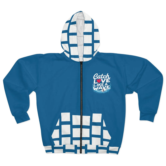 Surfing Blue and White Valentine Love Unisex Zip Hoodie, Beach Lover Gift, Romantic Sweatshirt, Ocean Inspired Jacket, Coastal Apparel