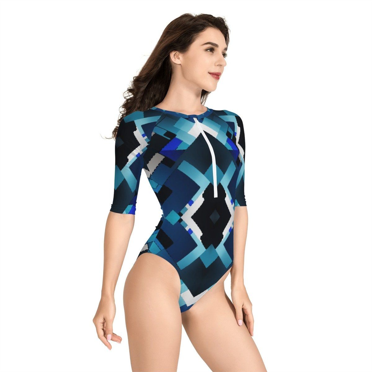 Black and Blue Womens Half Sleeve Zip Front One Piece Swimsuit - Perfect for Active Days at the Beach - Iron Phoenix GHG
