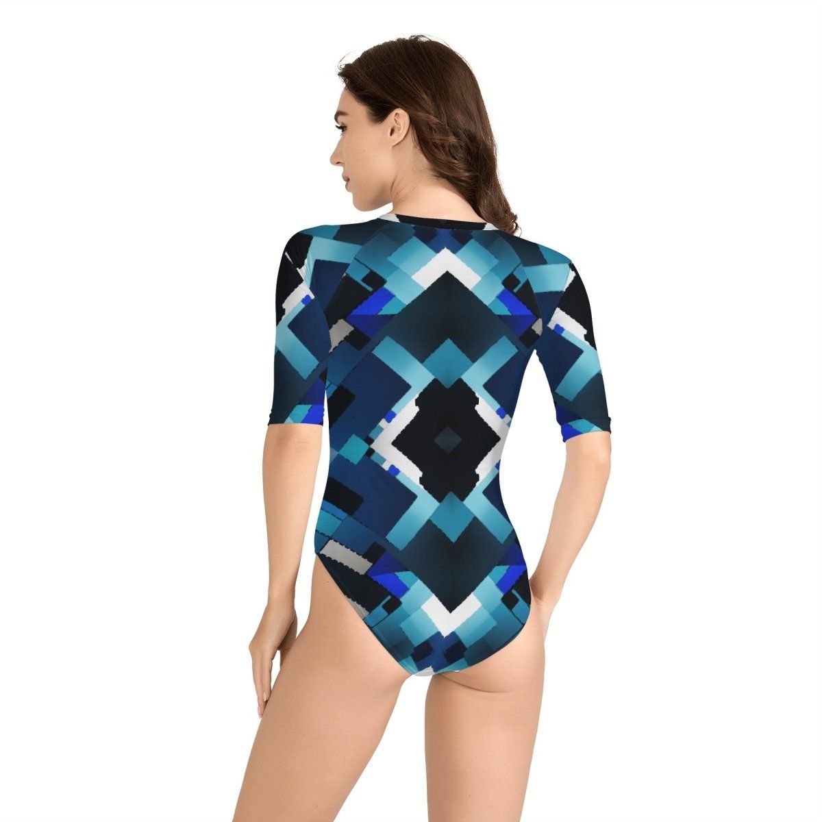 Black and Blue Womens Half Sleeve Zip Front One Piece Swimsuit - Perfect for Active Days at the Beach - Iron Phoenix GHG