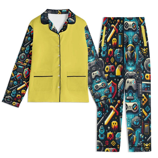 Customized Teal and yellow Unisex Long Sleeve Adult Nightwear Pajama Set - Iron Phoenix GHG