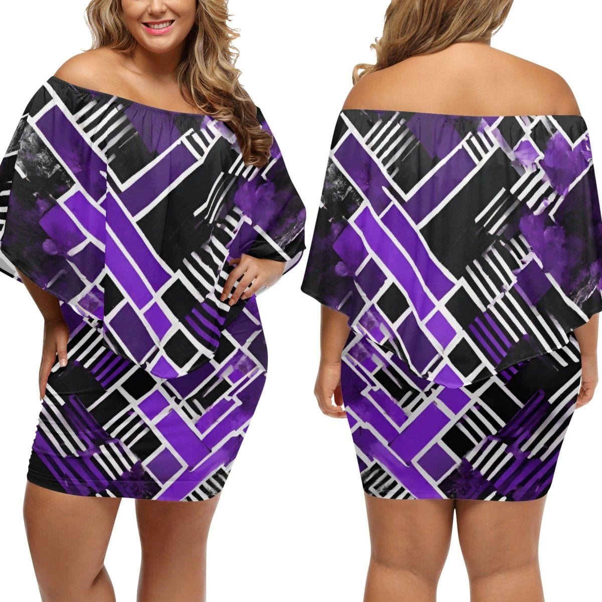 Purple & Black Off-The-Shoulder Wrap Dress - Iron Phoenix GHG