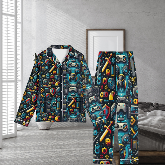 Gamer Unisex Long Sleeve Nightwear Pajama Set  Teal with Black  Yellow Accents - Iron Phoenix GHG