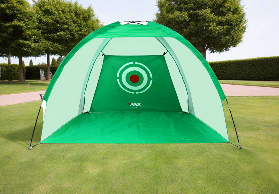 Green golf practice net with dimensions on a white background