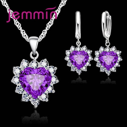 Top Sale Solid 925 Silver Color Wedding Engagement Anniversary Gift Jewelry Sets Heart Pendant Hoop Earrings for Women Girls - Iron Phoenix GHG