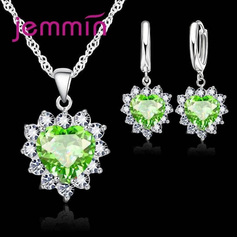 Top Sale Solid 925 Silver Color Wedding Engagement Anniversary Gift Jewelry Sets Heart Pendant Hoop Earrings for Women Girls - Iron Phoenix GHG