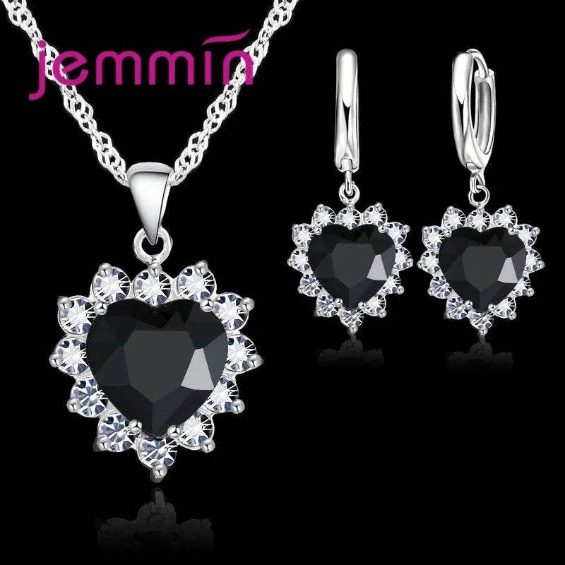 Top Sale Solid 925 Silver Color Wedding Engagement Anniversary Gift Jewelry Sets Heart Pendant Hoop Earrings for Women Girls - Iron Phoenix GHG