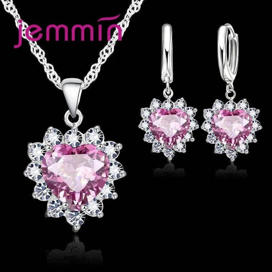 Top Sale Solid 925 Silver Color Wedding Engagement Anniversary Gift Jewelry Sets Heart Pendant Hoop Earrings for Women Girls - Iron Phoenix GHG