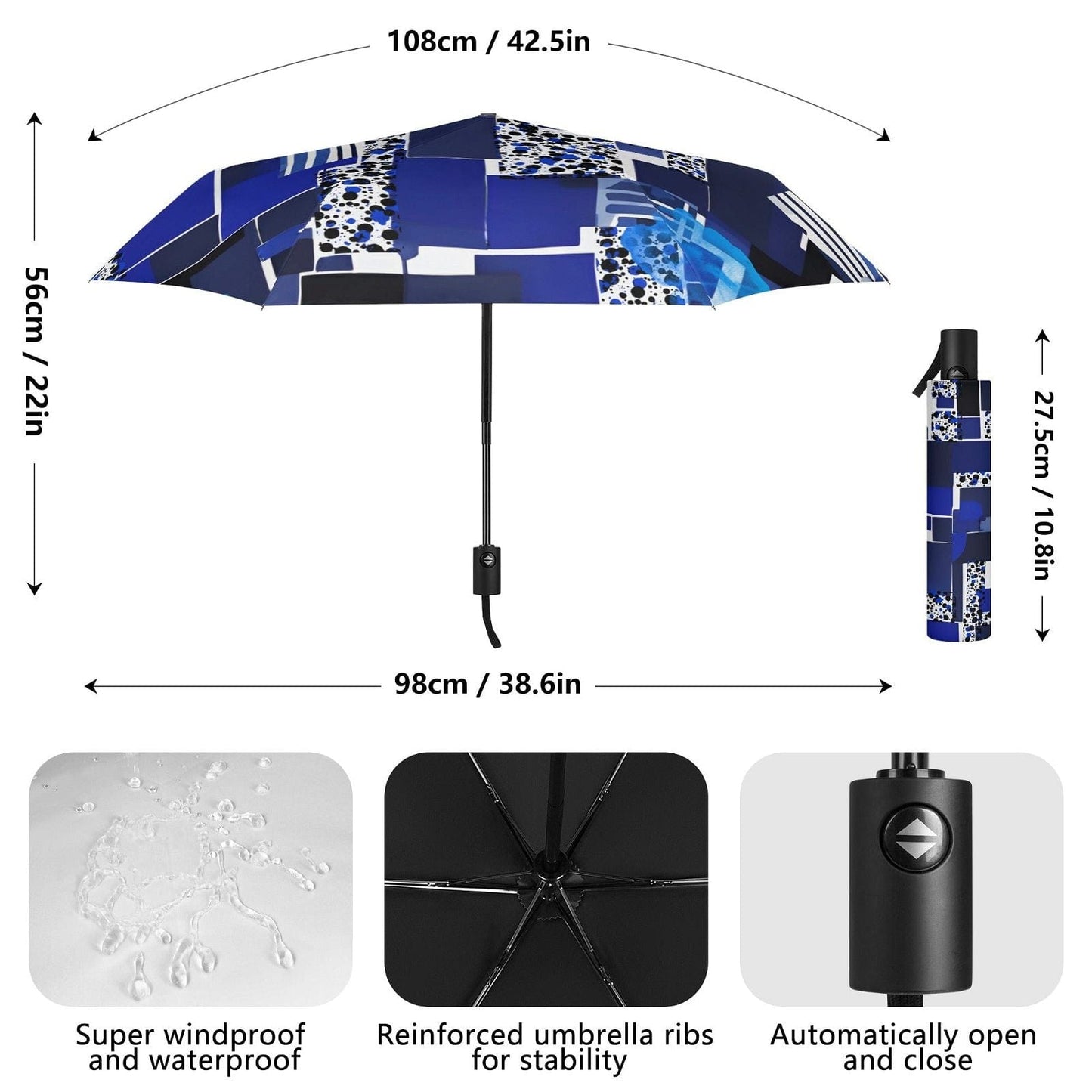 Our Auto Fold Umbrella with Blue Block Print - Iron Phoenix GHG