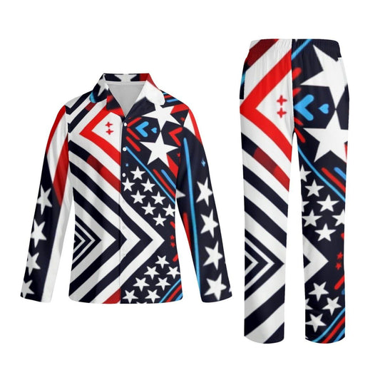 Patriotic Slumber: Red, White & Blue Notch Collar Pajama Set - Cozy Comfort Long Sleeve - Iron Phoenix GHG
