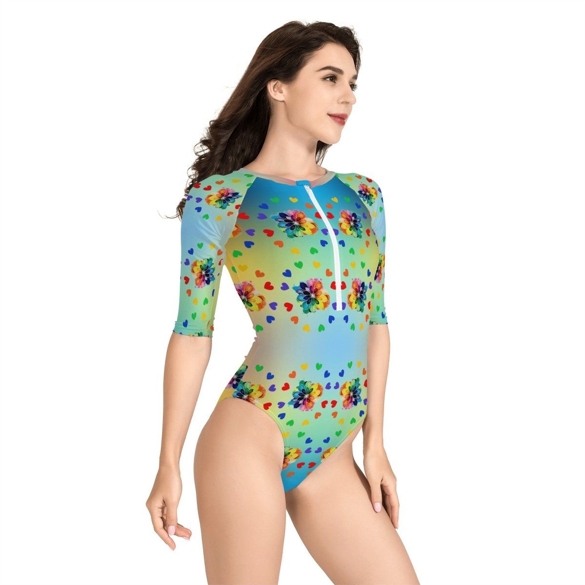 Rainbow Flower One Piece Half Sleeve Swimsuit - Womens Zip Front Beachwear - Iron Phoenix GHG