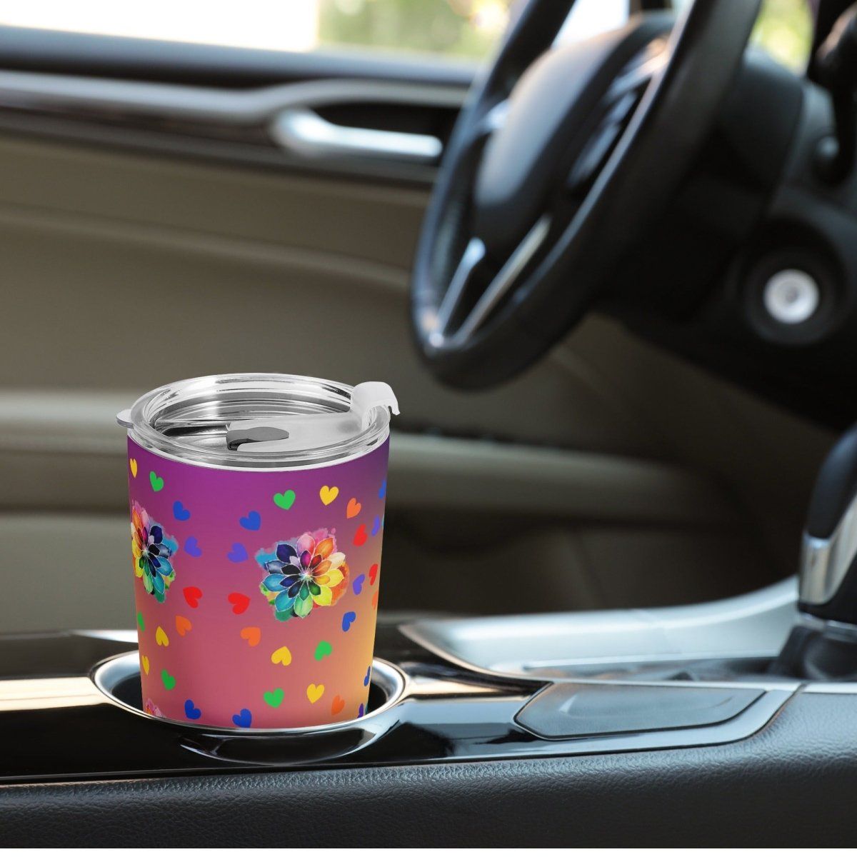 Rainbow Flowers Car Cup - Vibrant All Over Print for Colorful Style - Iron Phoenix GHG