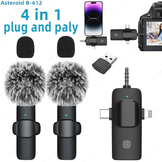 Professional 4 In 1 Wireless Lavalier Microphone for iPhone Android 3.5mm for Radio Live Recording Noise Reduction Mini Microph - Iron Phoenix GHG
