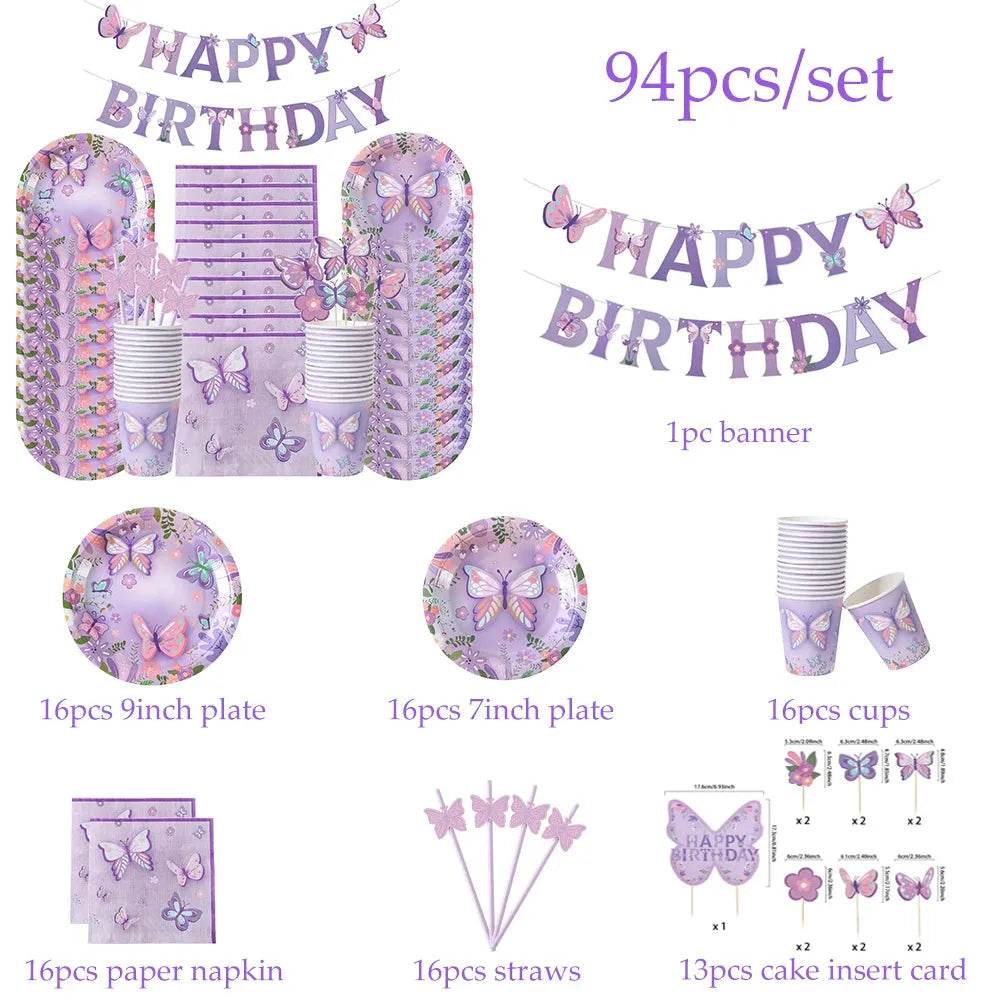Butterfly Theme Party Tableware Set 80-94pcs (by Enanal) Eco 2025 - Iron Phoenix GHG