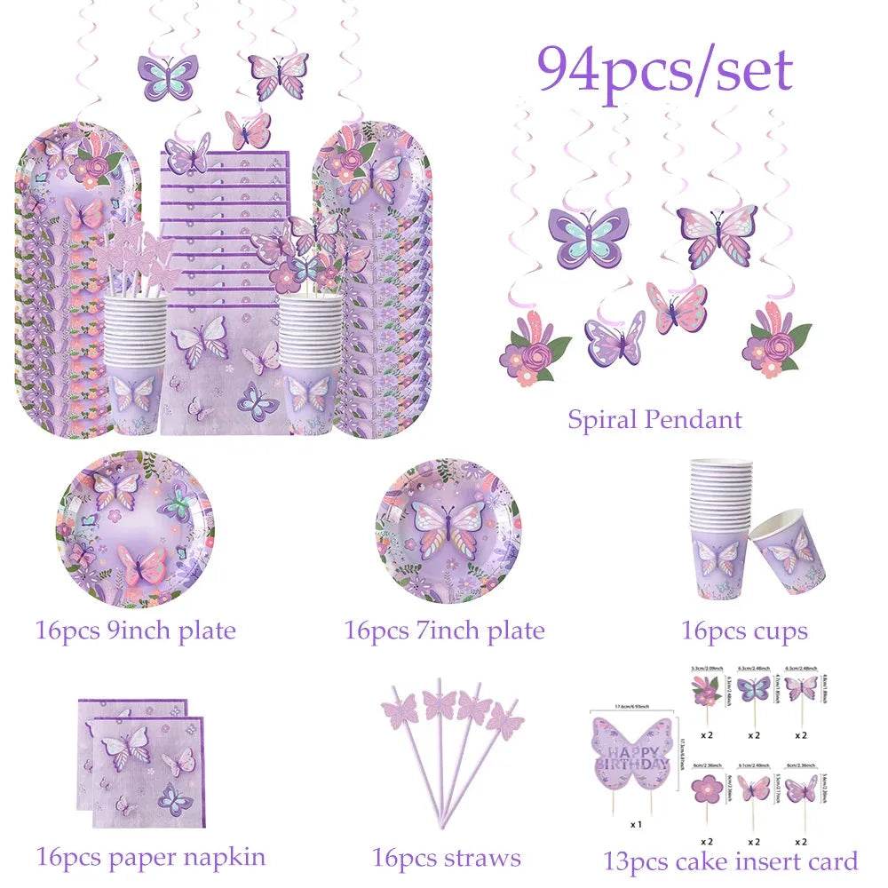 Butterfly Theme Party Tableware Set 80-94pcs (by Enanal) Eco 2025 - Iron Phoenix GHG