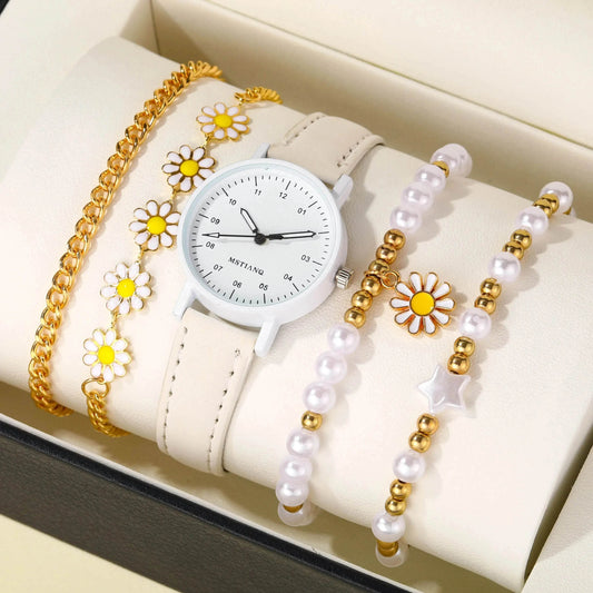 5pcs Set Of New Girls Lovely Creative Pentagram Daisy Pearl String Handmade Bracelet Watch Set - Iron Phoenix GHG