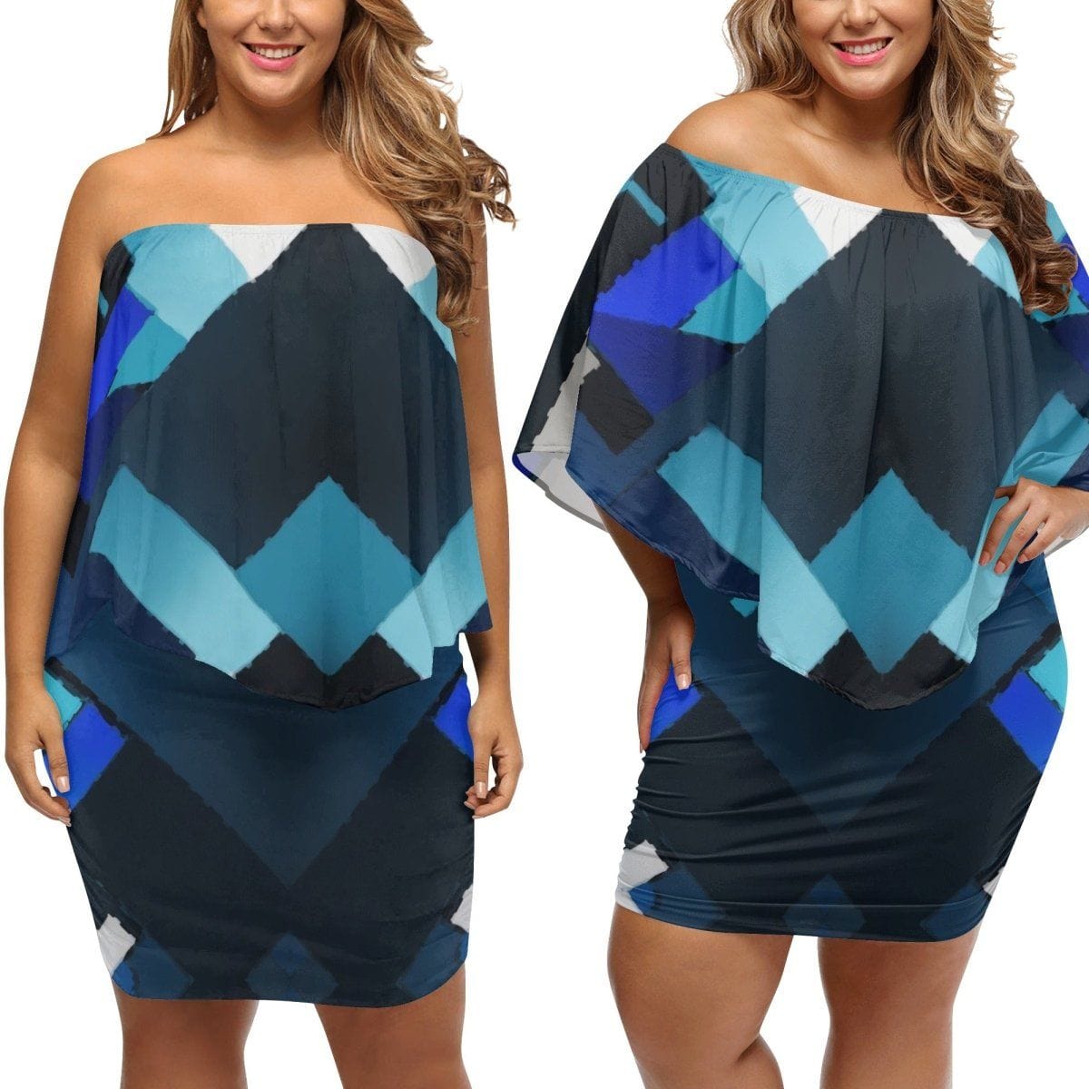 Stylish Blue Dress Azure Mosaic Off Shoulder Dress - Iron Phoenix GHG