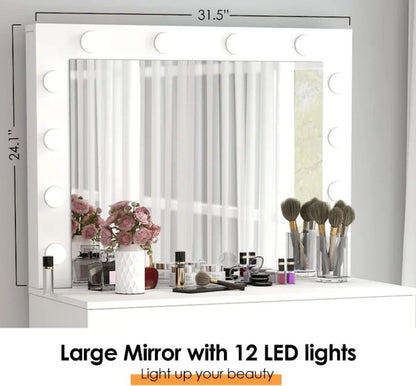 Stylish Makeup Vanity Desk - Mirror  Lights Storage Stool Included - Iron Phoenix GHG