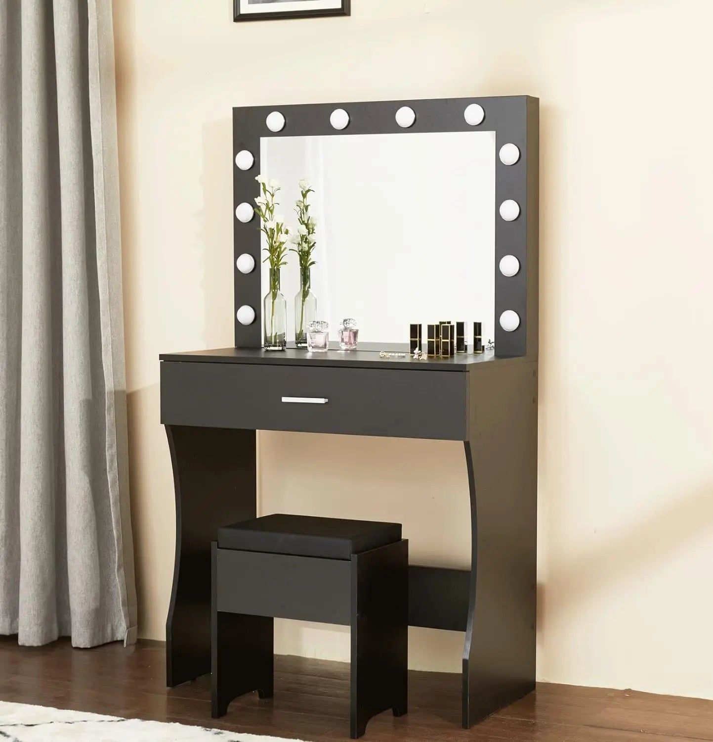 Stylish Makeup Vanity Desk - Mirror  Lights Storage Stool Included - Iron Phoenix GHG
