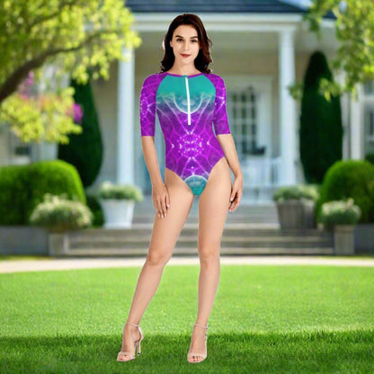 Stylish Purple Teal Zip Front One Piece Swimsuit with Half Sleeves - Iron Phoenix GHG
