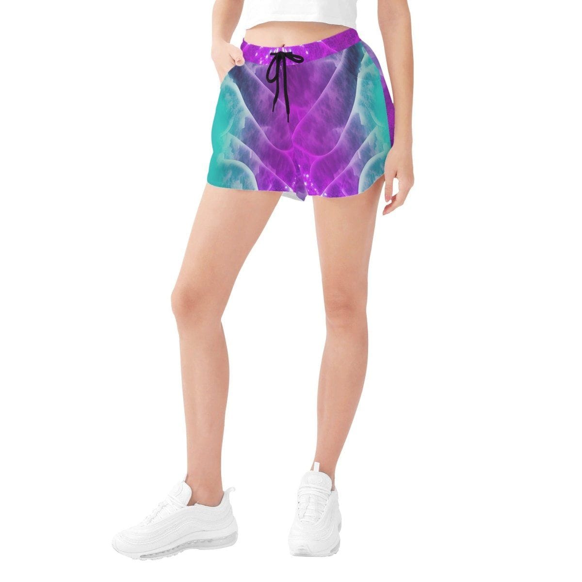 Teal Purple  Print Womens Beach Shorts - Influencer  Streamer Ready Casual  Vibrant - Perfect for the Beach - Iron Phoenix GHG