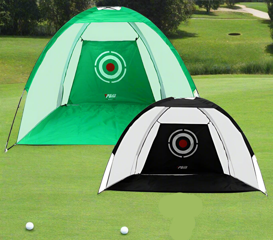 Two golf practice nets, one green and one black and white, on a white background.