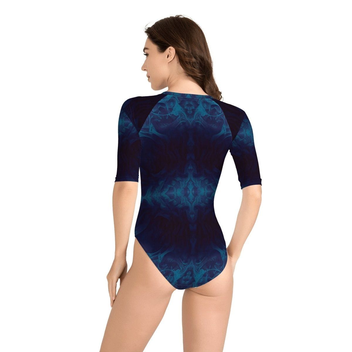 Two tone with blue Womens One Piece Zip Front Half Sleeve Swimsuit - Iron Phoenix GHG